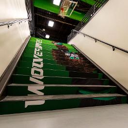 Stairs with Wolverines and Willy the Wolverine painted on them