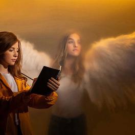 Angel standing behind woman