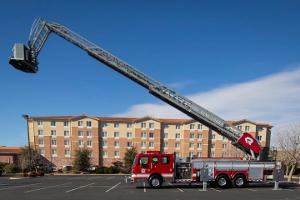 Fire truck with ladder extended