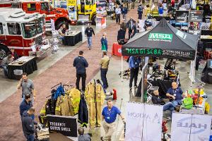 Warehouse with fire trucks and other firefighter gear