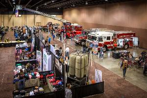 Warehouse with fire trucks and other firefighter gear