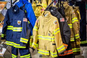 Firefighter jackets on a rack
