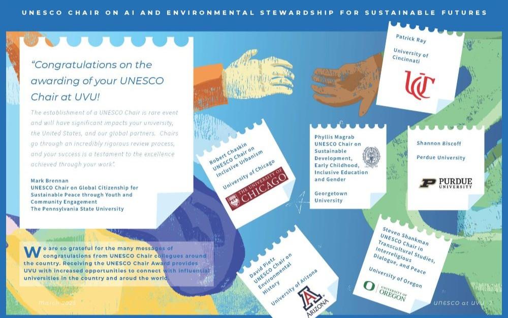 Front page of pdf report of different institutions congratulating UVU on UNESCO Chair distinction 