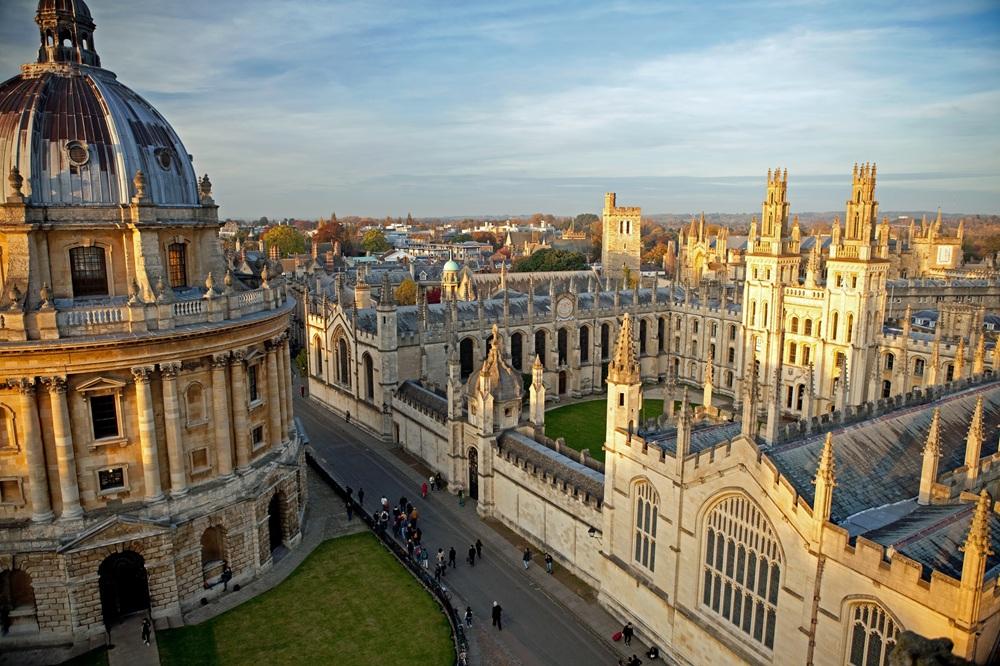 Aerial view of the University of Oxford, featuring the Cam (Radcliffe Camera) and All Souls College.