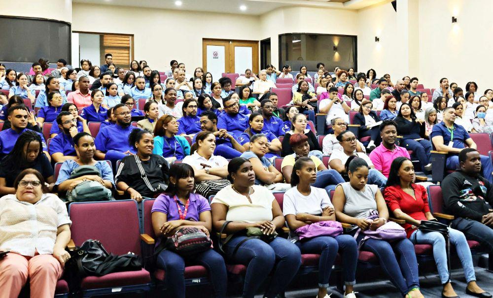 Audience filling a room