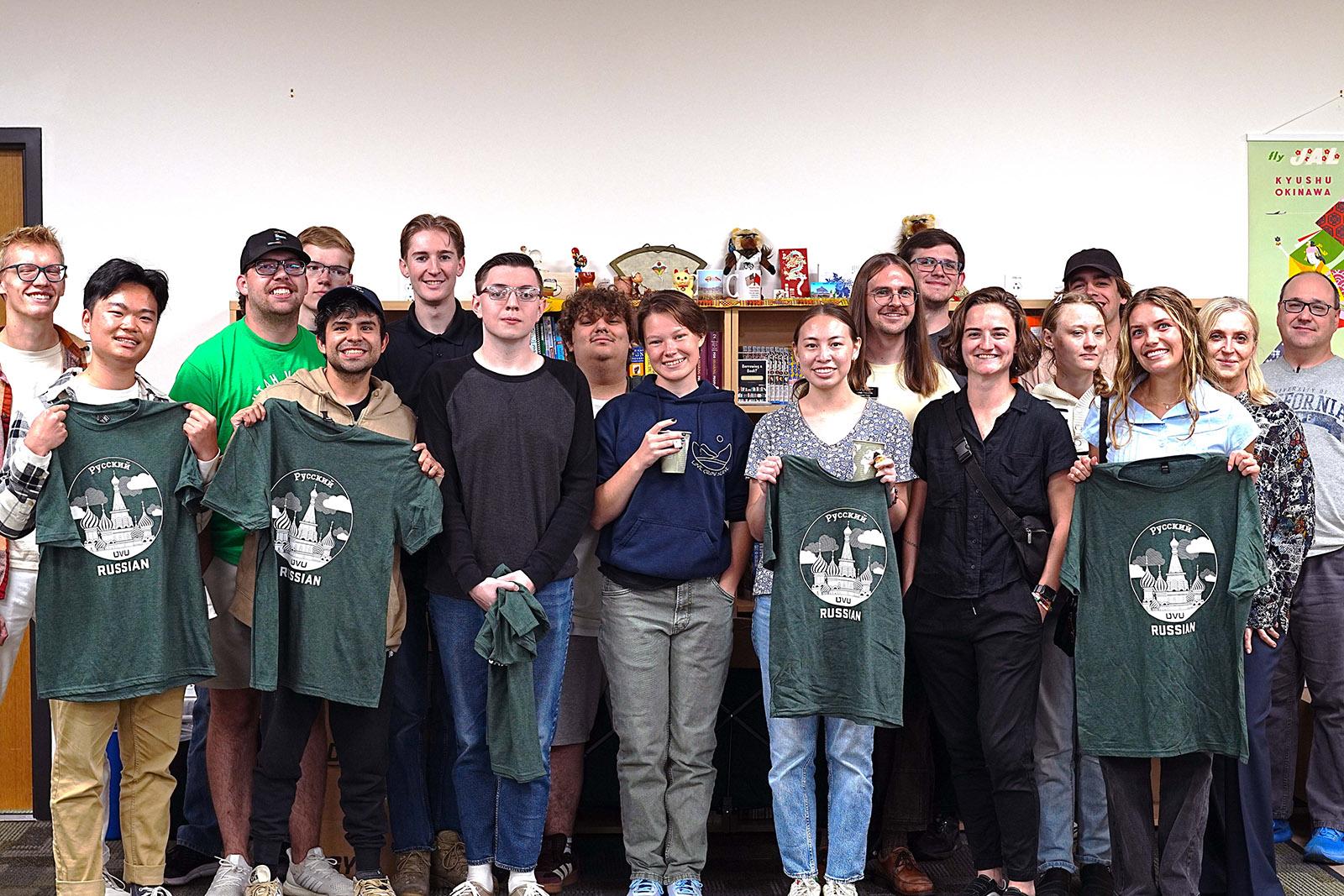 Group photo of everyone present, some holding a UVU Russian Studies shirt