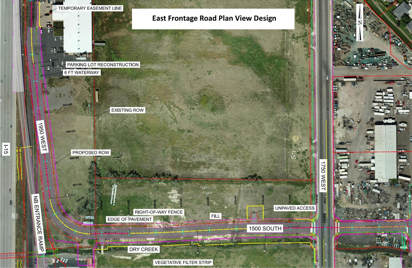 Some of the challenges in realigning the East Frontage Road included it’s proximity to the I‐15 northbound entrance ramp, flat terrain, proximity to Dry Creek and maintaining access to surrounding properties.