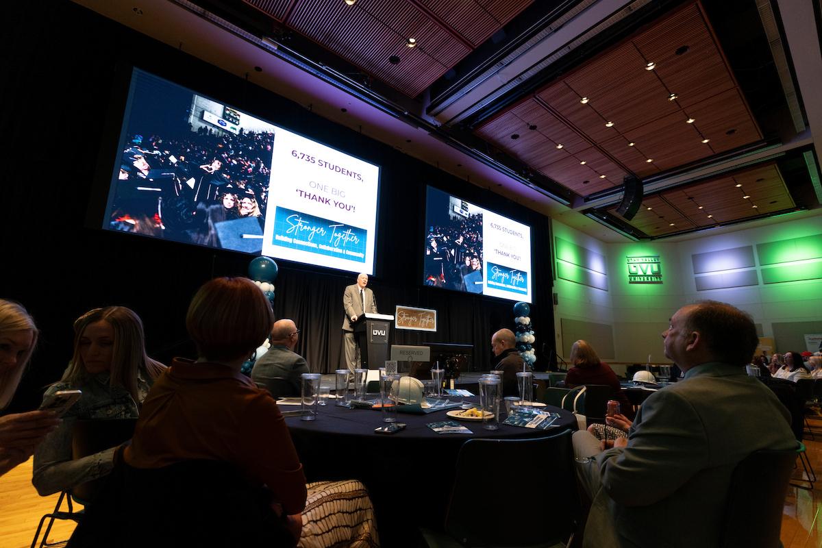 Wayne Vaught speaks on stage