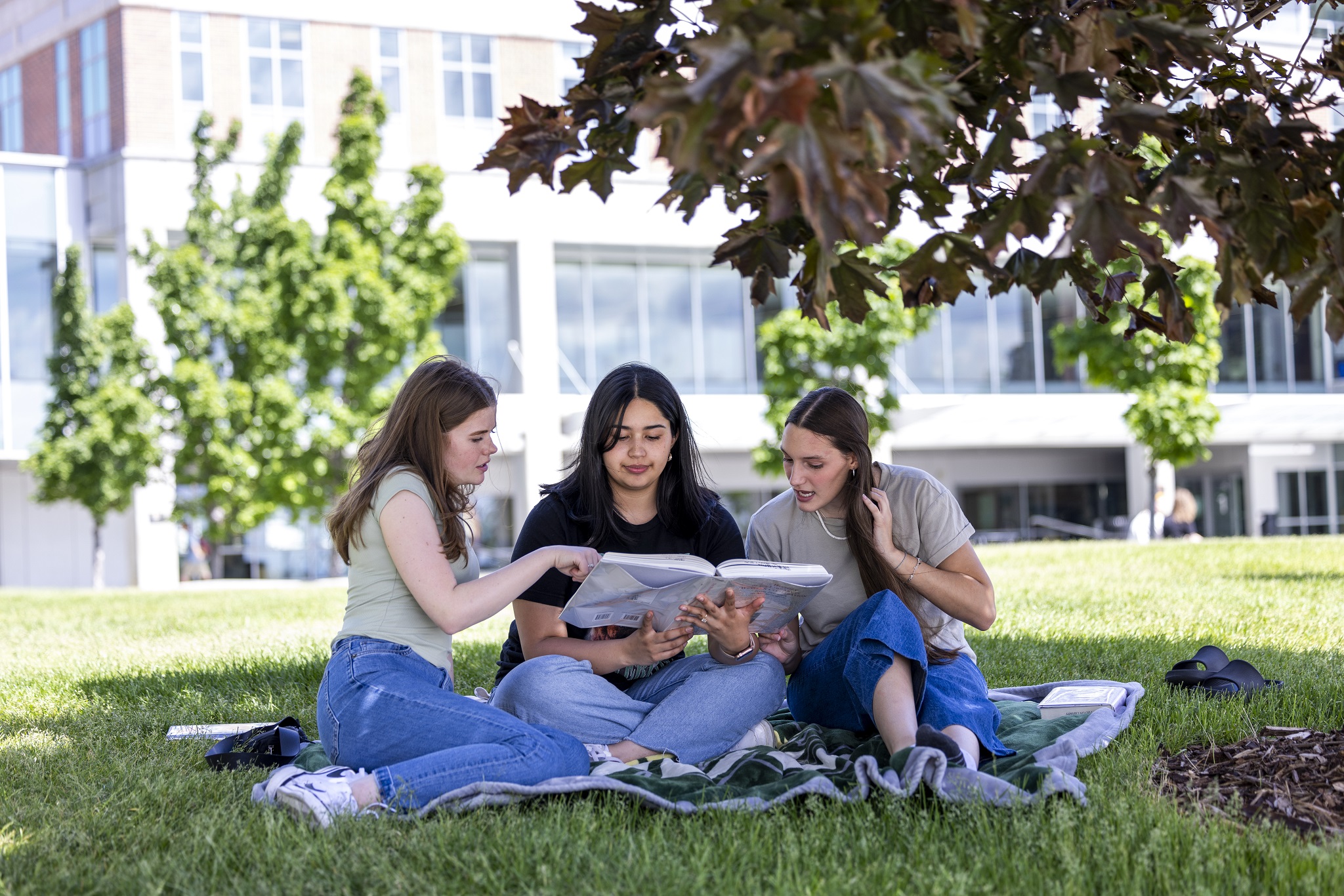 Three UVU students sit on the lawn in front of the Fulton Library and look at a textbook.