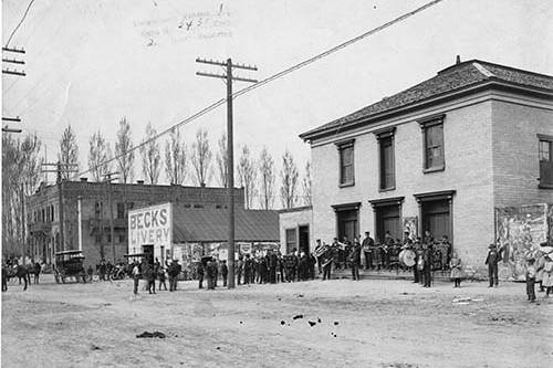 Black and white, historic image of American Fork city