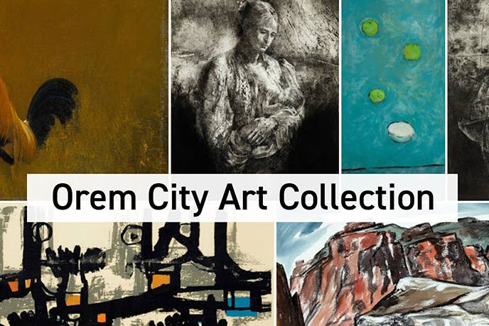 Orem (UT) City Art Collection postcard with 6 art images.