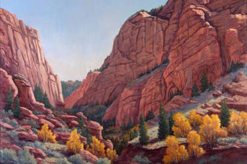  Painting of red rocks in a desert setting.
