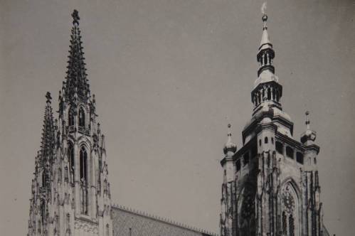  Black and white photo of arcitectural spires.