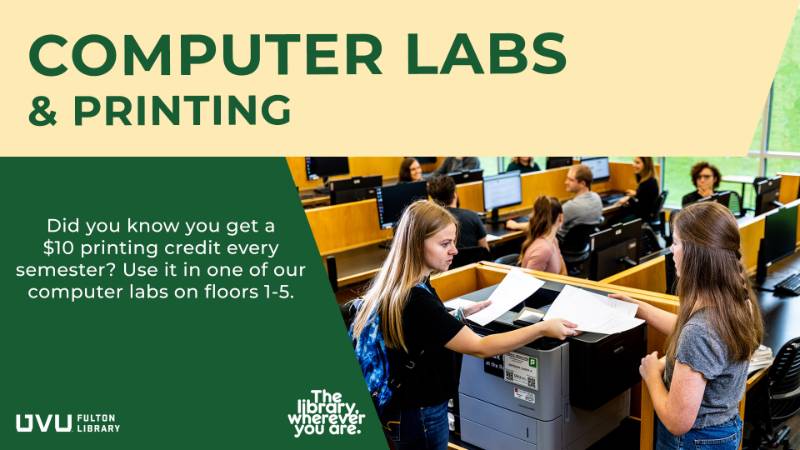 Computer labs & printing. Did you know you get a $10 printing credit every semester? Use it in one of our computer labs on floors 1-5.