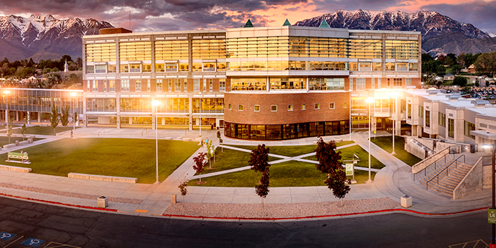 outside shot of the library building at sunset