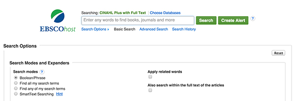 Search box for CINAHL database