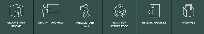 screenshot of group study room, tutorials, and interlibrary loan icons.