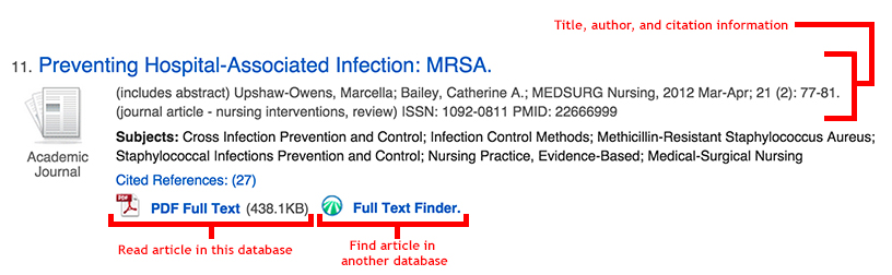 Title, Author, and citation iformation. PDF is the article and full text finder link will check other database for the article.