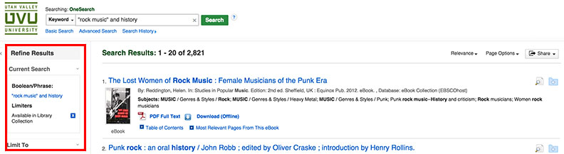 Search results page with refine results section highlighted