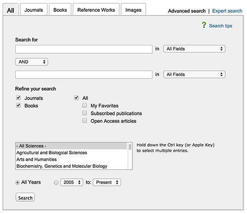 screen shot of advanced search in science direct database