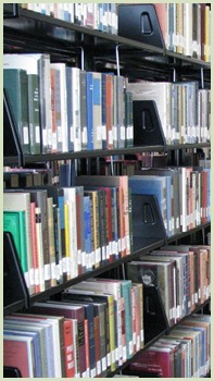 Books lined up in the stacks.