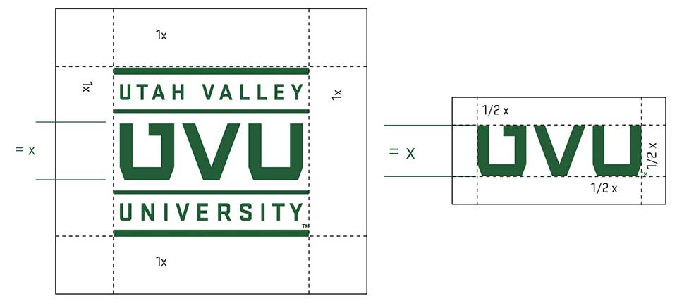 Image showing the space of one U width around logo, and 1/2 u width around monogram.