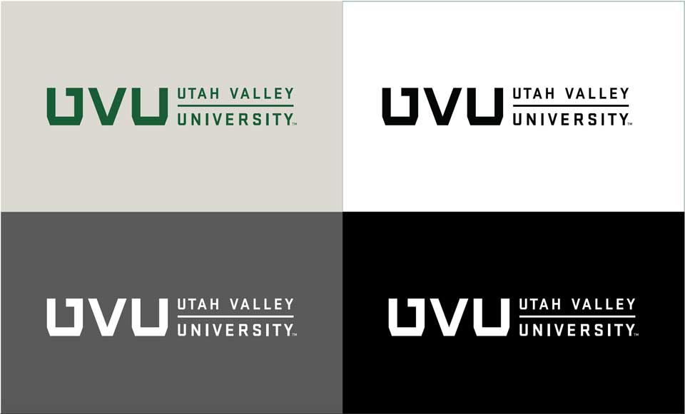 4 images. Row 1: Green logo on light gray background and black logo on white background. Row2: White logo on dark gray background and white logo on black background.