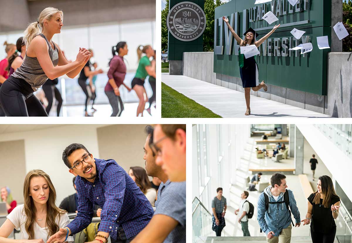 Collage of various campus locations and events.