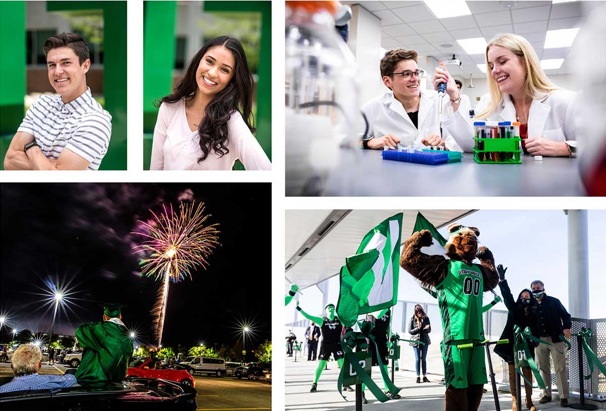 Collage of various campus locations and events.
