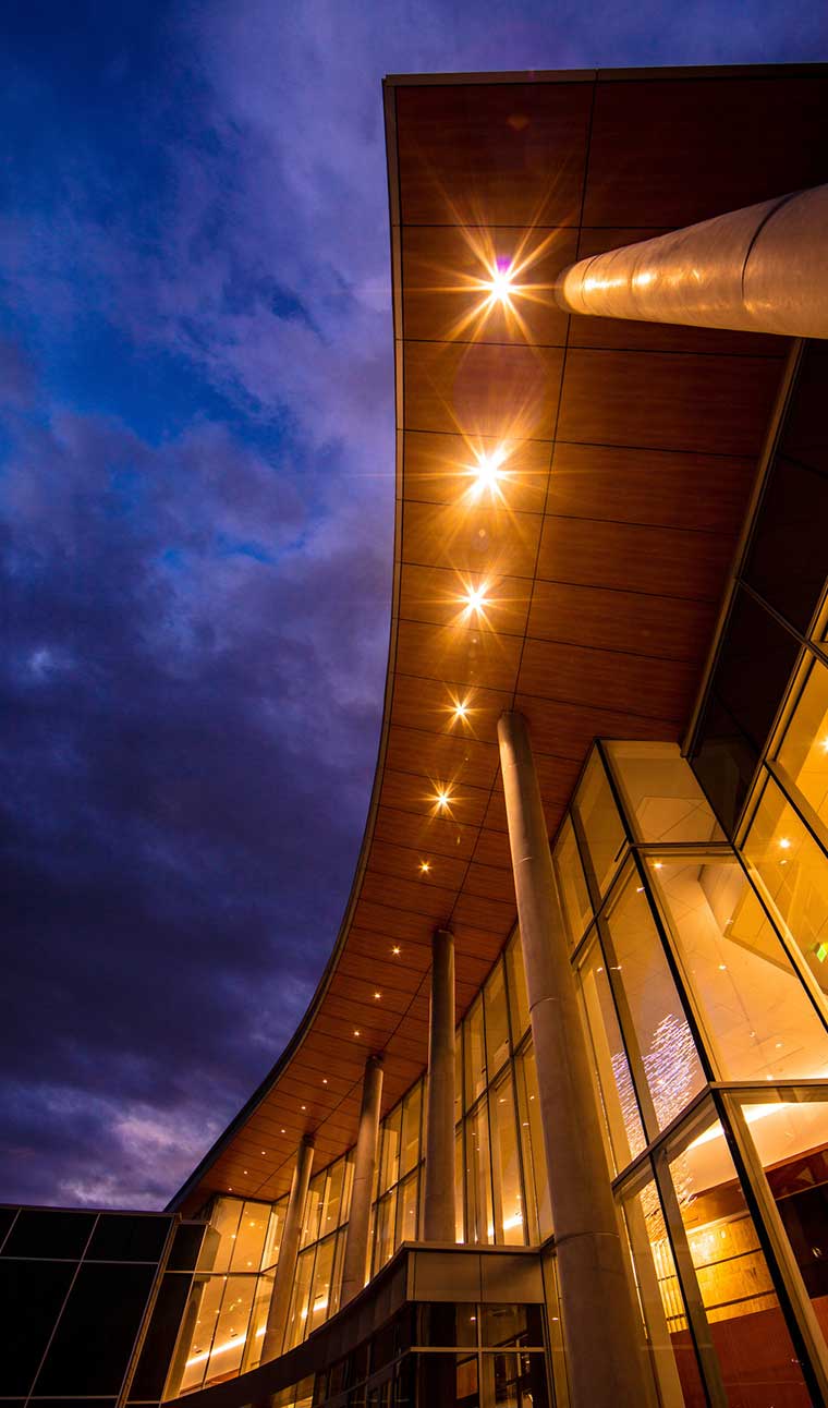 Exterior shot of The Noorda at night.