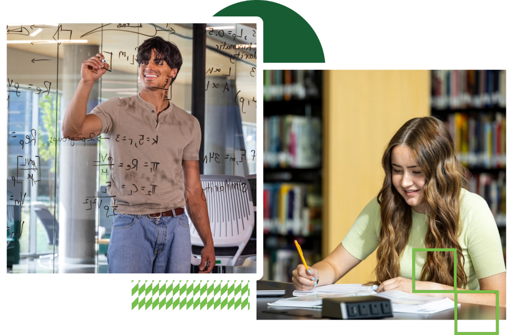 overlapping images, one of a student writing math equations on a glass wall, and another student studying while seated at the library