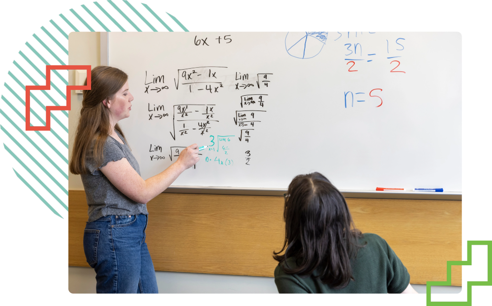 teacher writing math equations on a white board in front of a classroom filled with students