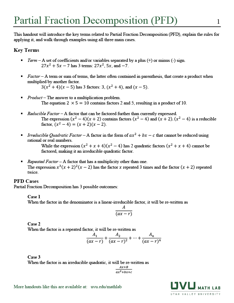 thumbnail of Partial Fraction Decomposition handout