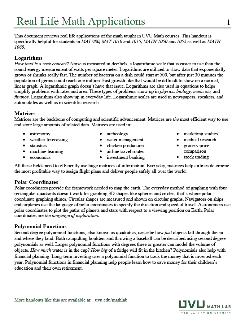 thumbnail of Real Life Math Applications handout
