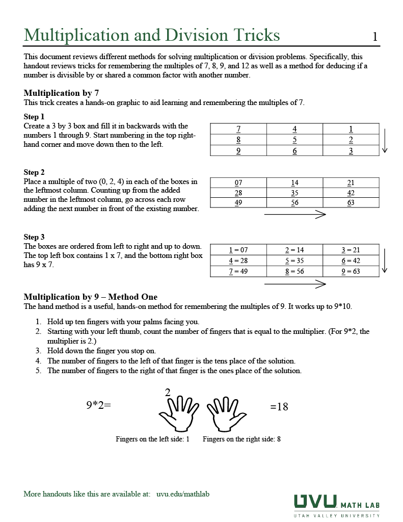 thumbnail of Multiplication and Division Tricks handout