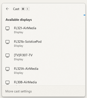 The Windows cast panel. Select the entry that matches your room