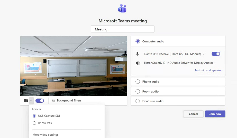 The camera preview confirms you have selected the room camera rather than the document camera