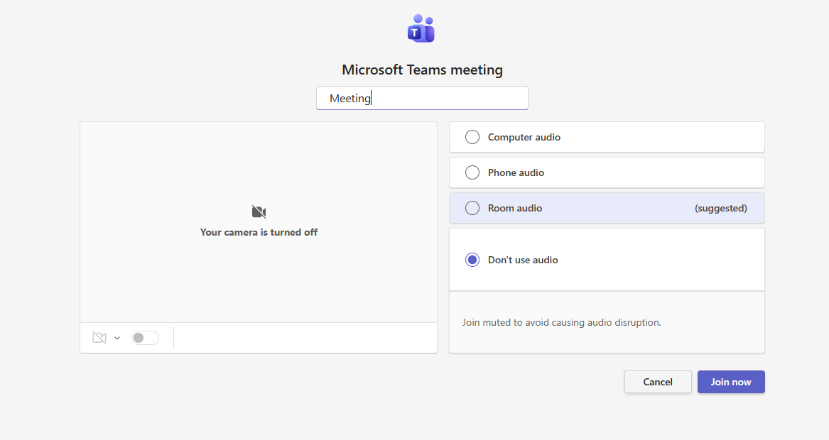 Choosing Don't use audio when joining from your laptop