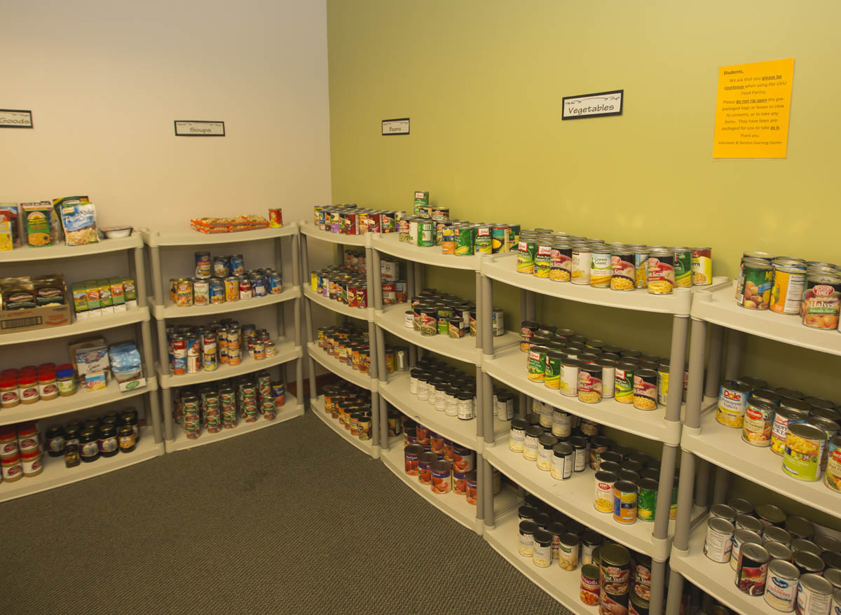 UVU Food Pantry shelves stocked with food available for students