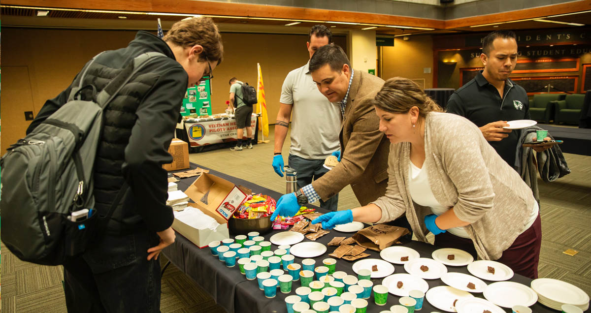 Students sampling MRE meals during Veterans Week at UVU