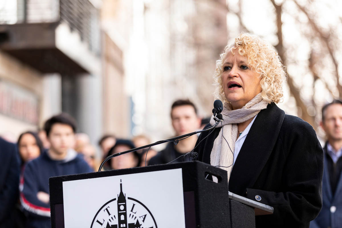 Mayor Jackie Biskupski speaking at sculpture unveiling