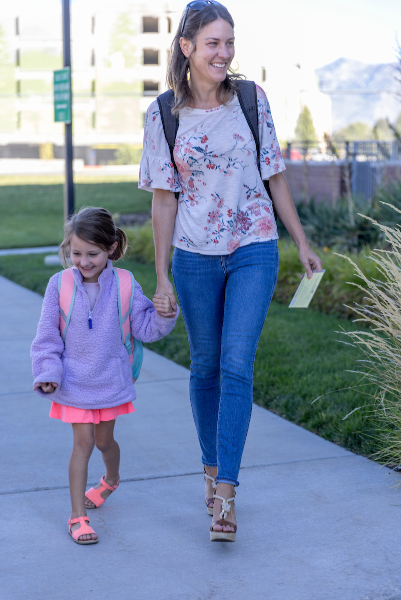 Berlyn Pierce dropping off her five-year-old daughter at the Wee Care Center at UVU.