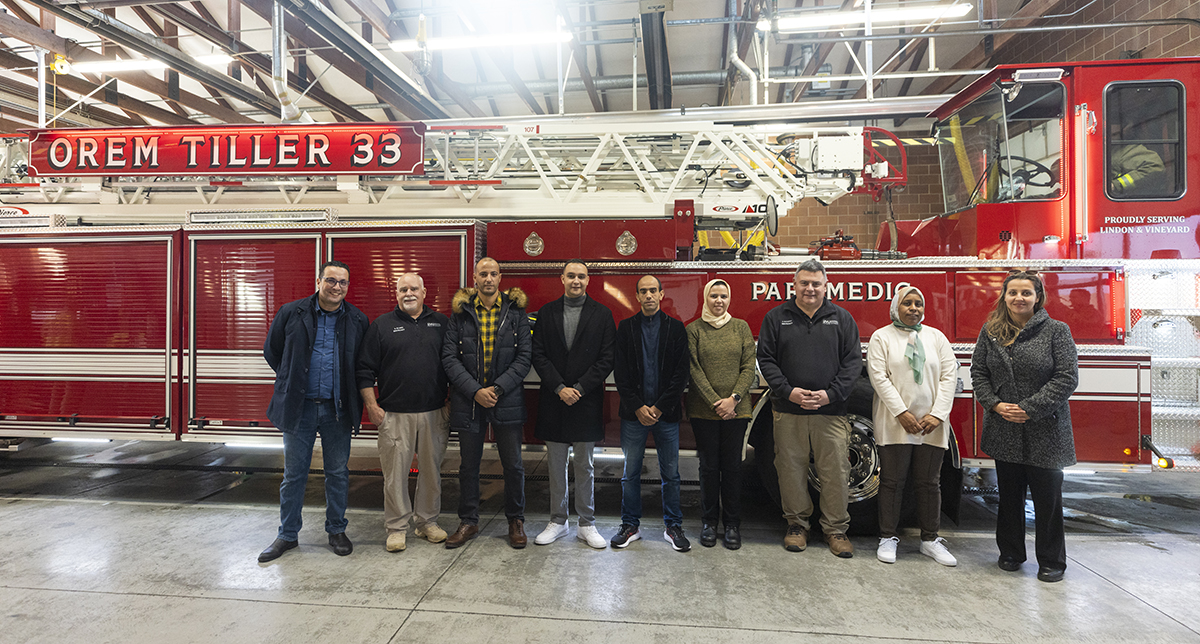 Morocco delegation stands with UVU professor Steve Allred and Kevin McCarthy, Associate Professor- EMS Director