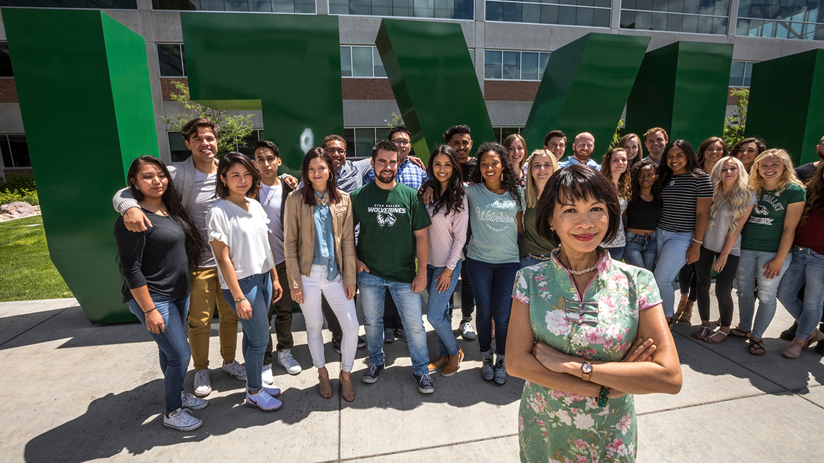 UVU President Astrid S. Tuminez and students
