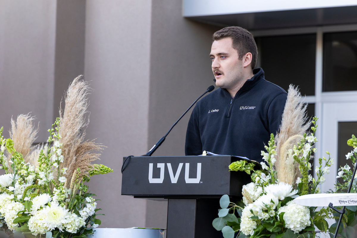 Paramedic student Cody Calley speaks at ribbon cutting