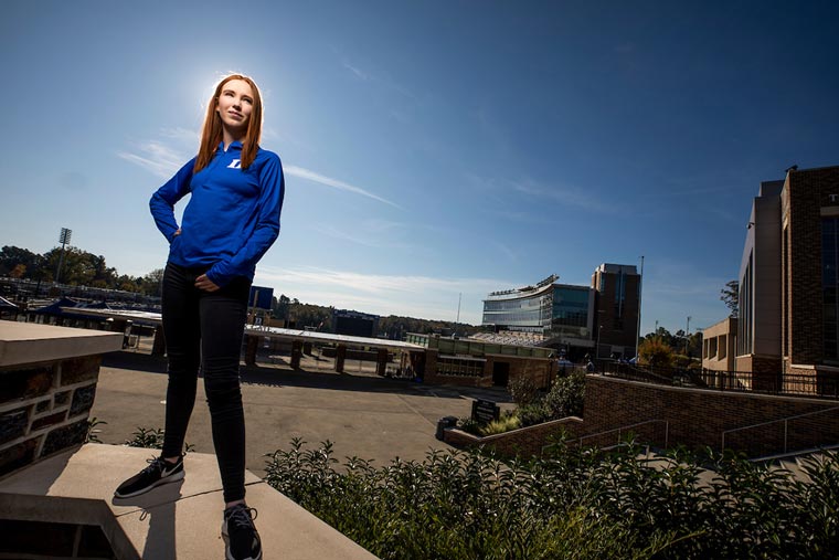 Courtney stands outside at Duke University in Durham, North Carolina