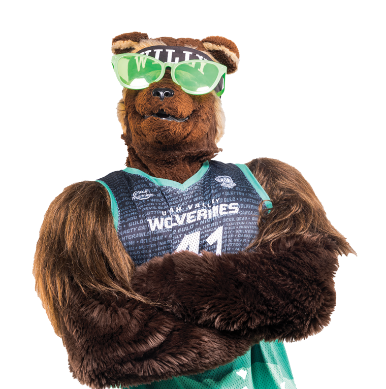 Mascot Willy poses with giant green sunglasses.