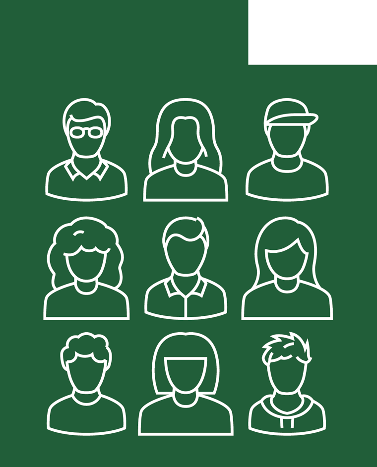 Graphic of Utah and 9 icons of diverse people.