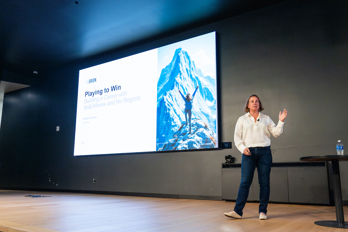 Natalie Wolfsen presents her lecture “Playing to Win: Building a Career with Bold Moves and No Regrets” to students at Utah Valley University.