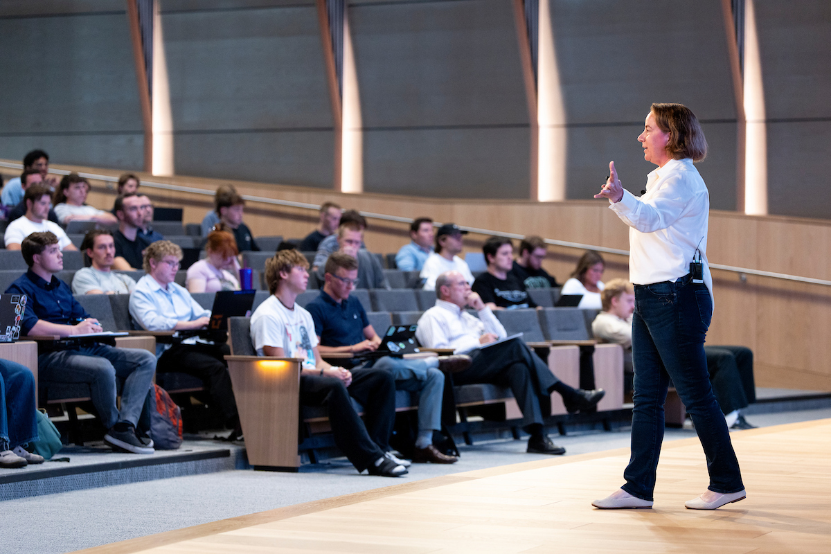 She introduced the concept of the Matthew Effect, which comes from scripture in the book of Matthew and illustrates how early success often leads to more resources, recognition, and future opportunities. This pattern, she explained, shows up not only in business but also in sports, education, and creativity. Momentum builds when excellence creates more chances to excel.   Natalie encouraged students to embrace opportunity even when it looks daunting. While at Charles Schwab, she was asked to lead development of the first wireless trading technology. Although she was in marketing and not the first choice for the role, she said yes. That decision paved the way for future opportunities, including her eventual role as CEO of AssetMark, where she helped lead the company to go public on the stock exchange. She acknowledged that opportunities often arrive at inconvenient times, both personally and professionally, but stressed that saying yes can set the Matthew Effect in motion and open new doors.   She also spoke about the importance of focus. In her words, when you panic you tend to narrow your vision and miss the bigger picture. Protecting focus is a discipline, and Natalie uses simple reminders, such as keeping her core goals on her computer screen, to stay grounded. She highlighted Tom Brady’s journey as an example of not being distracted by outside noise but instead focusing relentlessly on improvement.